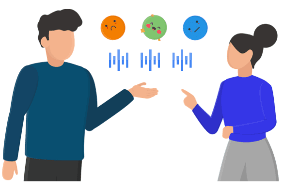 Two people in conversation, with emotion faces and voice waveforms between them
