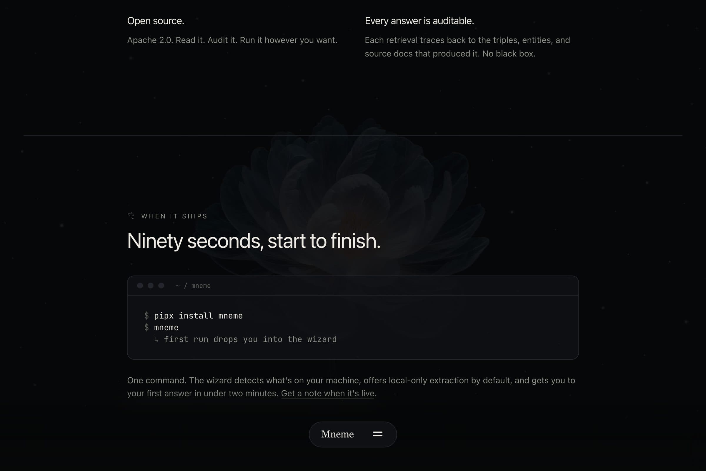 Mneme install: the first-run wizard
