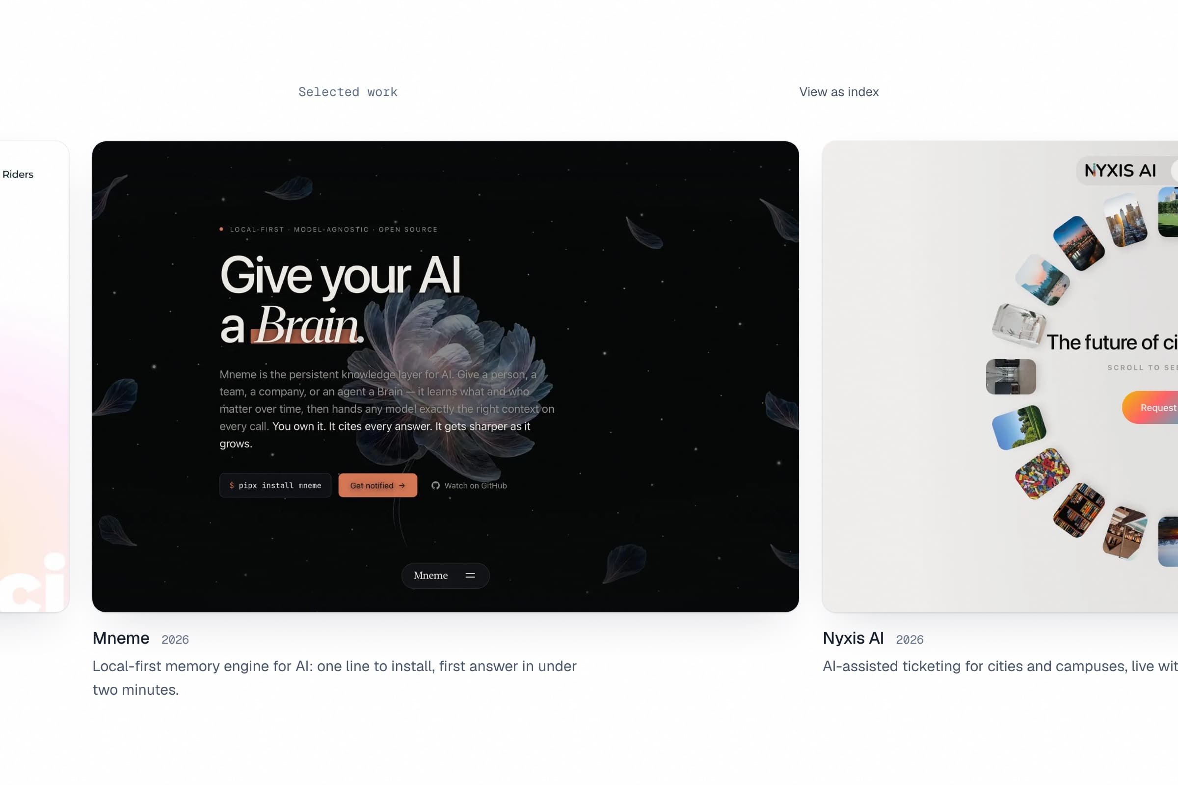 Orvia selected work: Mneme and Nyxis AI
